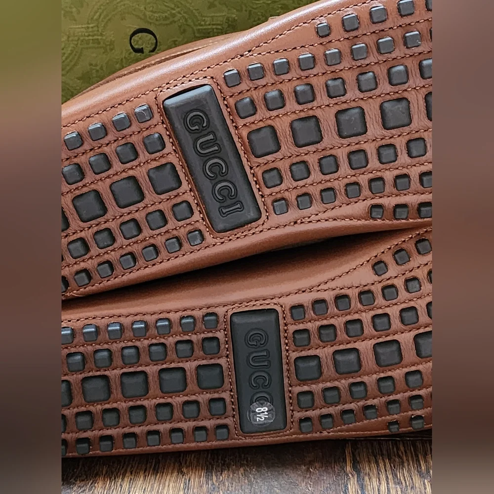 $850 New Gucci GG Interlocking Men Driver Loafer Brown Leather Shoes G 8.5/US 9